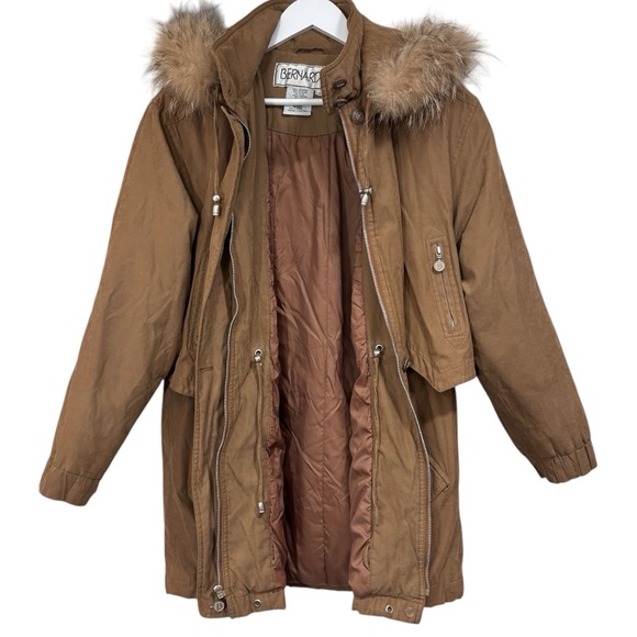 Bernardo Faux Suede Fall Winter Coat Size Small Raccoon Fur Trim Hood Womens - Picture 6 of 16